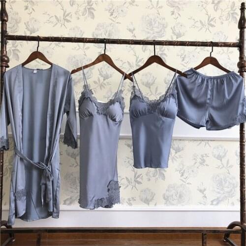 Silk Sexy Pajamas Set Lace Summer Women Sleeveness V-neck Top+Shorts+Robe+Long Pant 4Pcs Spaghetti Strap Nightwear