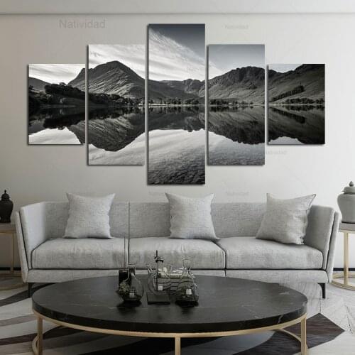 Modern 5 Pieces Black and White Art Canvas Painting Landscape Wall Pictures Mountain Lake Modular Posters Living Room Home Decor