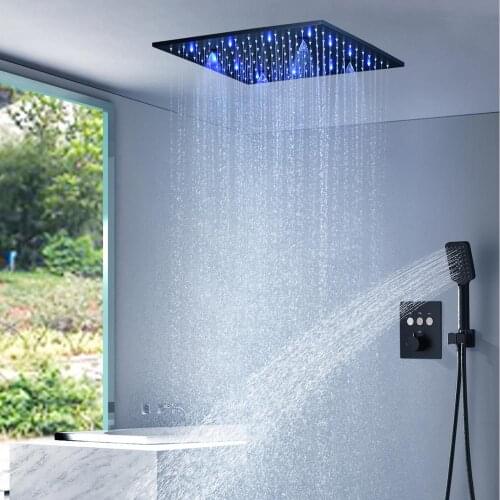 Modern Stainless Steel 304 LED Shower Head Set Matte Black Bathroom System Button Thermostat Diverter Valve 3 Functions 16 inch