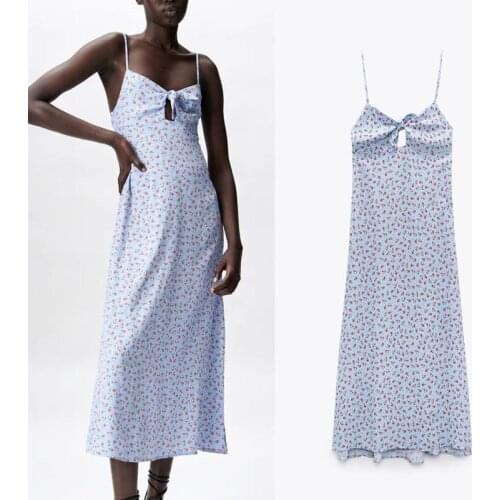 Za 2021 Summer Woman Dress Spaghetti Straps Floral Print Midi Dresses Sexy V-neck Bow Adjust Strappy Backless Party Women Dress