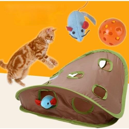 Funny Pet Cat Mice Game Intelligence Toy Bell Tent with 9 Hole Cats Playing Tunnel Foldable Mouse Toys Keeps Kitten Active