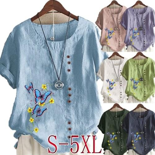 New Arrival Summer Fashion Womens Butterfly Printed Linen T-shirt Casual Loose Round Neck Short Sleeve Blouse Tops Plus Size