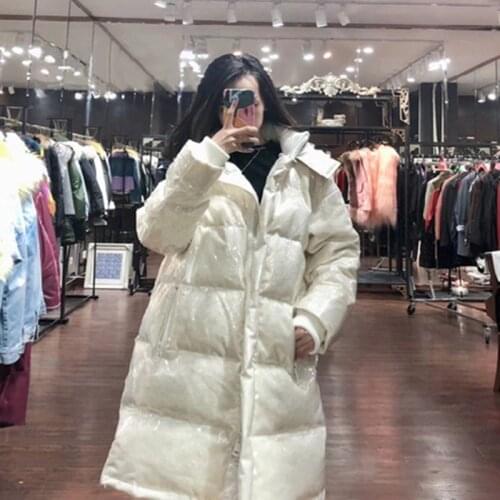 Winter 2021 jacket womens fashion TPU antifreeze transparent plastic shell mid-length white duck down shiny face down jacket