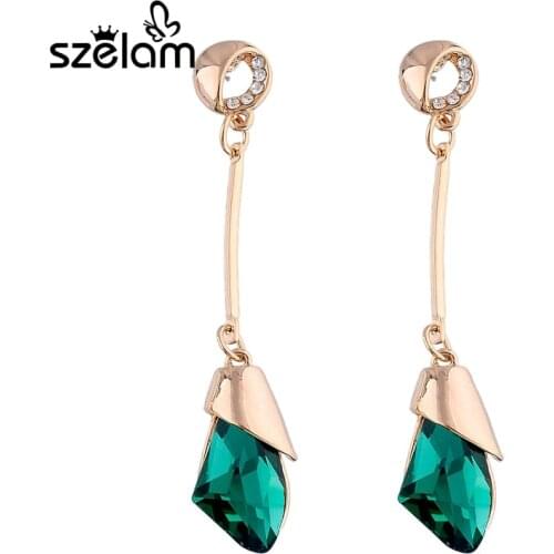 Szelam Green Long Bridal Women Dorp Earrings Gold Color AAA Cubic Zircona Luxury Statement Brand Dangle Earings SER140128