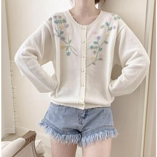 Retro Sweet Floral Embroidery Long Sleeve Women Cardigan Casual Vintage Lovely Flower Pattern Loose Soft Warm Knitted Sweater