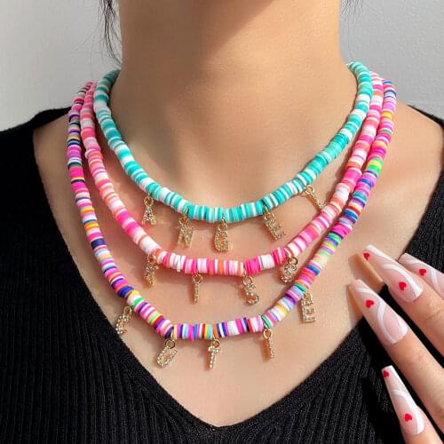 Custom Crystal 26 Initials Soft Polymer Clay Beaded Necklace For Women Letter Name Color Clay Beads Choker Collier Femme Jewelry