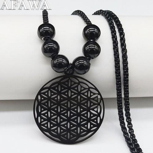 2021 Flower of Life Stainless Steel Necklaces for Women Long Black Color Bead Statement Necklace Jewerly cadena hombre N429S03