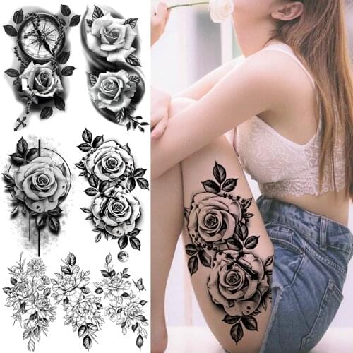 3D Large Black Rose Flower Temporary Tattoos For Women Adults Realistic Floral Fake Tattoo Sticker Leg Waterproof Tatoos Thigh