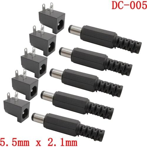 5Pairs DC-005 5.5*2.1mm DC Power Cable Male Plug Jack Connector 5.5mmx2.1 DC Power Socket PCB Mount Round Needle DIY Electronic