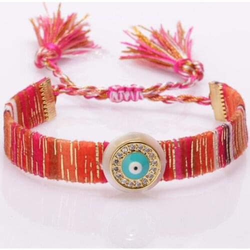 5pcs/lot blue evil eye protection gold charm ethnic boho bohemia tassel cotton silk band wristband adjustable bracelet for woman