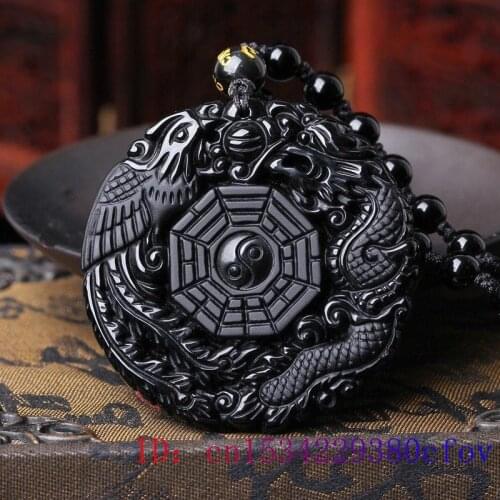 Obsidian Dragon Phoenix Pendant Beads Necklace Amulet for Chinese Charm Jewelry Jade Women Black Natural Fashion Gifts