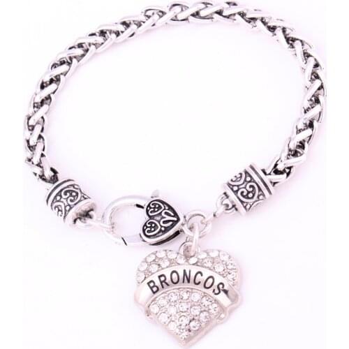 Hot Selling rhodium plated studded with sparkling crystal BRONCOS heart jewelry charm bracelet link chain