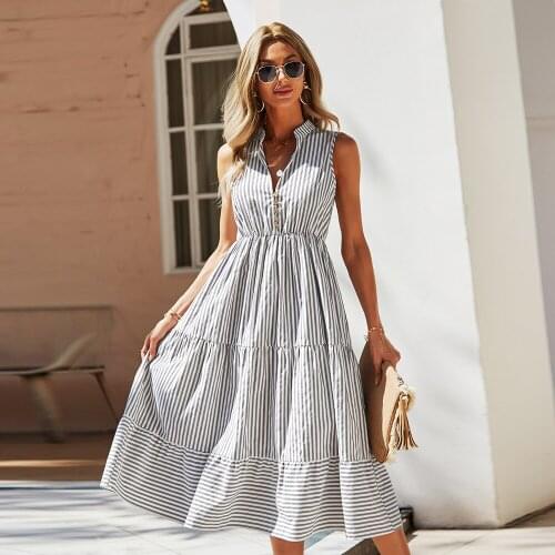 Fashion Stand Button Big Swing Patchwork Sleeveless Dress Casual Robe Women 2021 Summer Striped Ruched Midi Dress Sundress