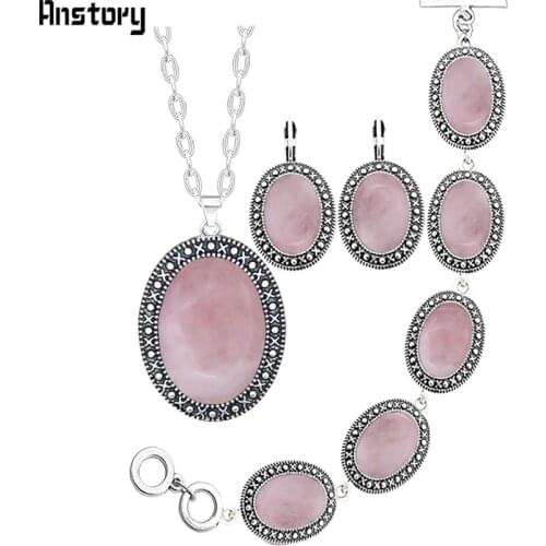 Vintage Pink Quartz Necklace Earring Bracelet Party Jewelry Set For Woman Antique Sliver Plated For Fashion Jewelry