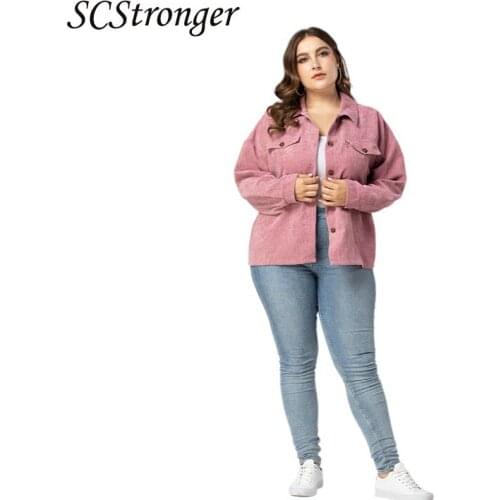SCSTRONGER Autumn And Winter Plus Size Womens Street Coat Solid Color Long Sleeved Lapel Corduroy Straight Jacket Plumas 2021