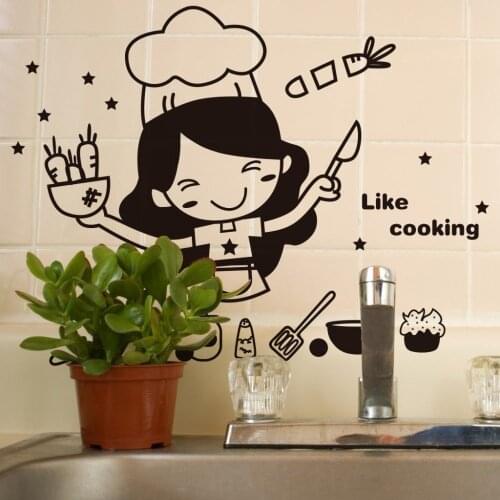 Happy Kitchen Girl Like Cooking Wall Sticker Cute Wall Art Home Decal Decor Kitchen Tile Wall Stickers Mural Wallpaper D902