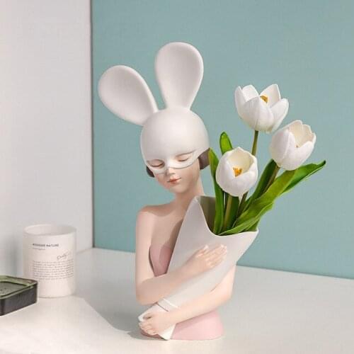 Modern Resin Bunny Girl Vase Statue Accessories Home Livingroom Desktop Figurines Decoration Bookcase Cabinet Sculpture Crafts