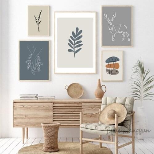 Modern Minimalist Poster Europe Style Line Color Block Plants Elk Canvas Painting Wall Art Pictures Living Room Decor