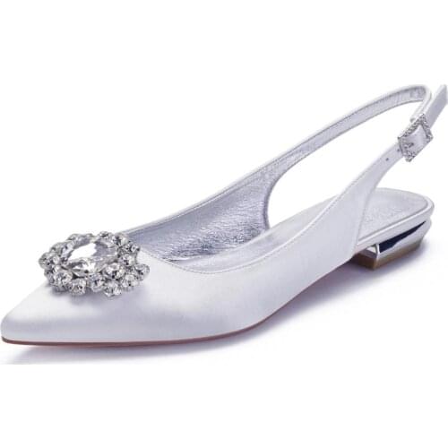 Wedding Flats for Bride Pointed Toe Rhinestones Slingbacks Satin Formal Prom Evening Party Dress Shoes Flat