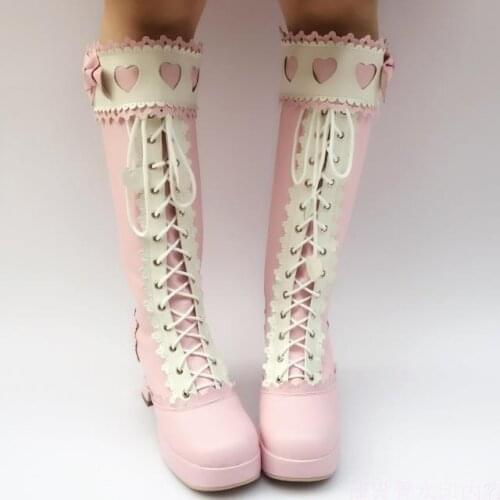 Japanese Sweet Pink Lolita Cosplay Knee Boots Princess Girl Lace Up Bowtie Chunky High Heel Martin Winter Boots with Side Zip