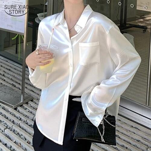 French Office Lady Simple Solid Spring Satin Shirt Apricot Long Sleeve Blouse Women Shirts Retro Black Elegant Casual Tops 16790