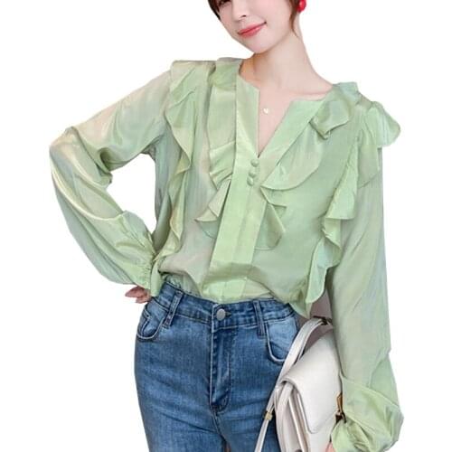 Women Chiffon Blouse Ruffles Long Sleeve V Neck Loose Shirts Spring Summer Green White Tops Ladies Plus Size New Korean Blouses