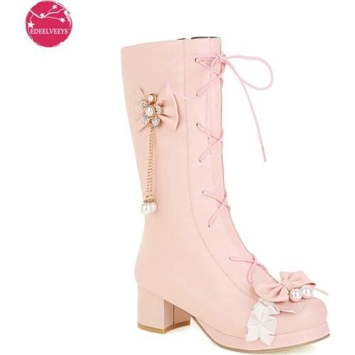 Women Lolita Platform Ankle Boots Block Heel Booties Leather Dress Boots Princess Evening Party Sweet Bow Mid Heels Lace Up