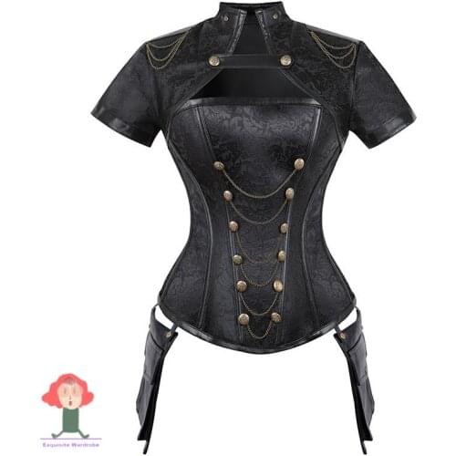 2021 Womens Corset Gothic Steampunk Clothing Spiral Steel Boned Retro Goth Brocade Overbust Corset Top with Jacket and Pockets