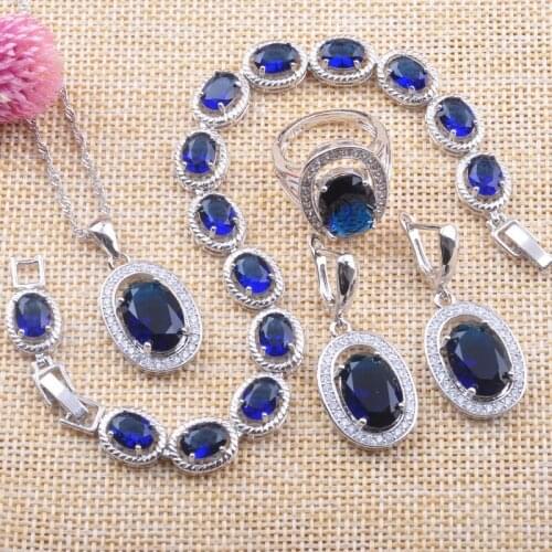 Blue Zirconia Silver Color Womens Wedinng Jewelry Sets Bracelet Necklace Pendant Earrings Ring Russian style YZ096