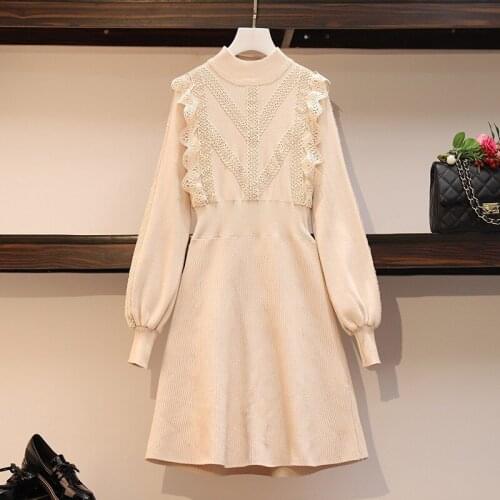 Autumn Plus Size Temperament O-Neck Knitting Dress Women Designer Lace Splicing Long Sleeve High Waist A-Line Dresses L-4XL