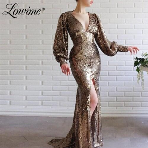 V Neck Sequins Party Dress For Weddings Robe De Soiree 2020 Open Back African Arabic Mermaid Girl Women Evening Gowns Prom Dress