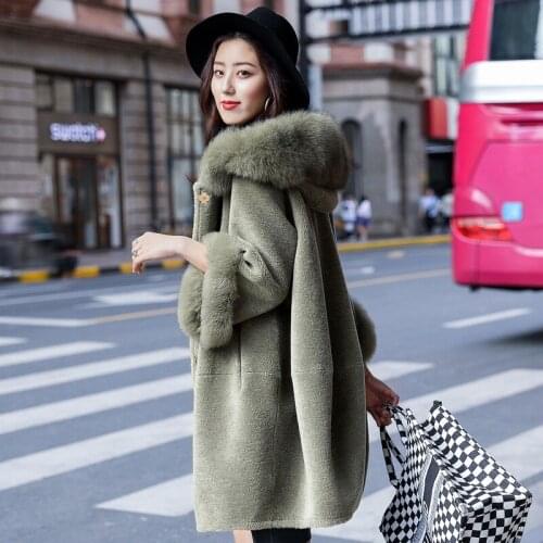 Women Coat Winter Real Fox Hooded Korean Sheep Shearing Wool Fur Jacket Long Elegant Clothes Winterjas Dames F2860 J4287