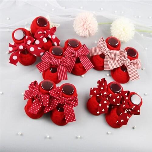 2Pcs/Set Baby Girl Socks and Headband Sets Infant Girls Cute Red Bowknot Decorated Anti-Slip Cotton Ankle Sock Elastic HairBand
