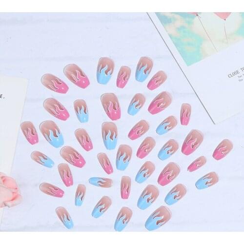 24 Pc/Set Fake Nails Full Cover Manicure Tool 2020 New Coffin Head Natural Fire Flame Nail Tips