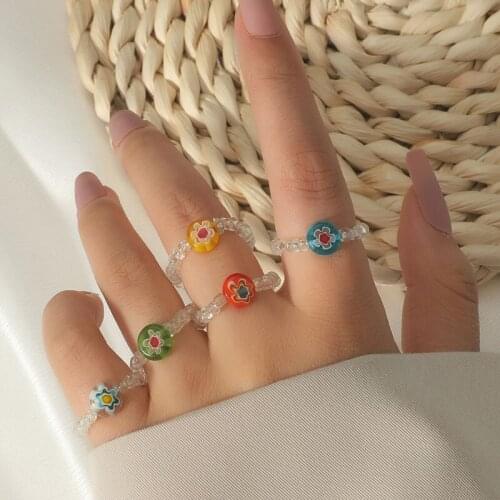 5 Pcs/Set Bohemian Womens Transparent Glass Beads Multicolor Glazed Liuli Handmade Beaded Rings Set For Women Beach Style Gift