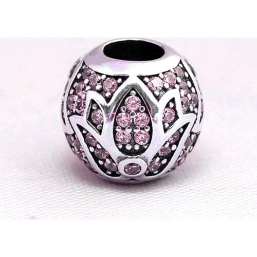 S925 Silver Bead Charm Pave Leaves Flower With Pink Cubic Zirconia Bead fit Lady Bracelet Bangle DIY Jewelry