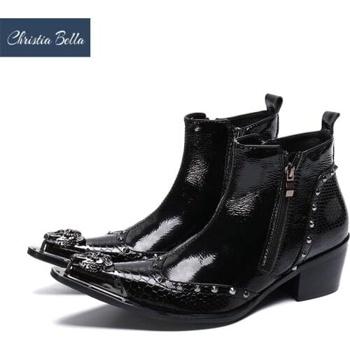 Christia Bella Solid Men Shoes Genuine Leather Boots New Fashion Simplicity Metal Pointed Toe Boots Big Size Zipper Short Boots