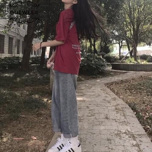 DUEWEER Jeans Women Wide Leg Trousers Vintage Casual Loose All-match Classic Solid Trendy Soft Roll Up Hem Korean Style Pants