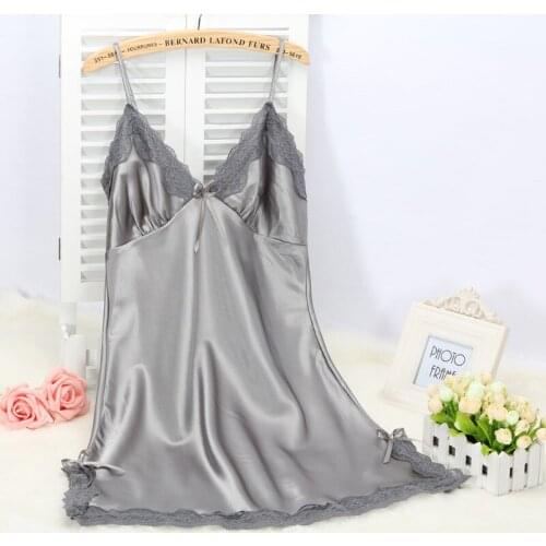Elegant Sexy womens Spaghetti Strap Solid Sleeveless Silk Nightgowns With Lace Free Shipping 2016 Summer Style Mini Nighties