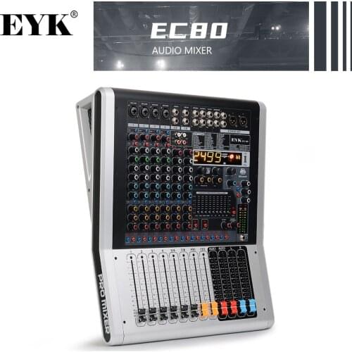 EYK EC80 8-Channel(4 Mono,2 Stereo) Audio Mixer with 9 Band EQ 99DSP Dual Effects USB Bluetooth 2 AUX 2 Recording RCA Inputs
