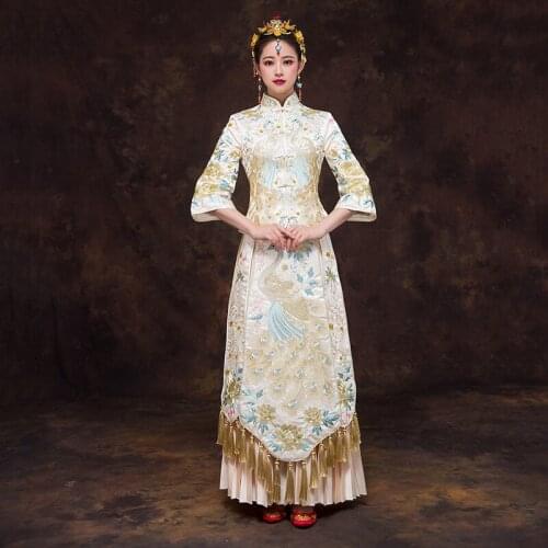 FZSLCYIYI Champagne Wedding Bride Chinese Style Cheongsam Traditional Long Qipao Embroidery Womens Evening Dress marry Clothes