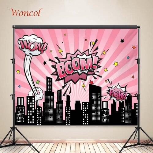 GFUITRR Superhero Photo Backdrops Happy Birthday Photography Backgrounds City Buildings Decorations Pink Photo Booth Props