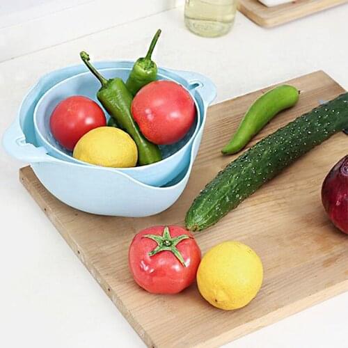 Kitchen Rotating Basin Drain Double-layer Rotatable Drain Basket with Double Handle 2 in 1 Vegetable Fruit Washing Colander B03E