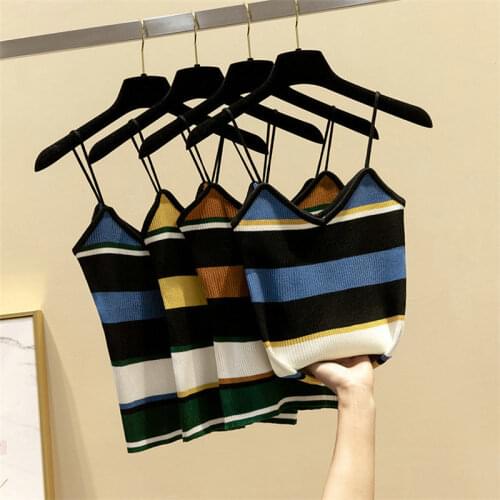 Women Sexy Colorful Striped Camisole 2021 Summer Off Shoulder Knitted Tank Top V Neck Sleeveless High Elastic Camis Femme