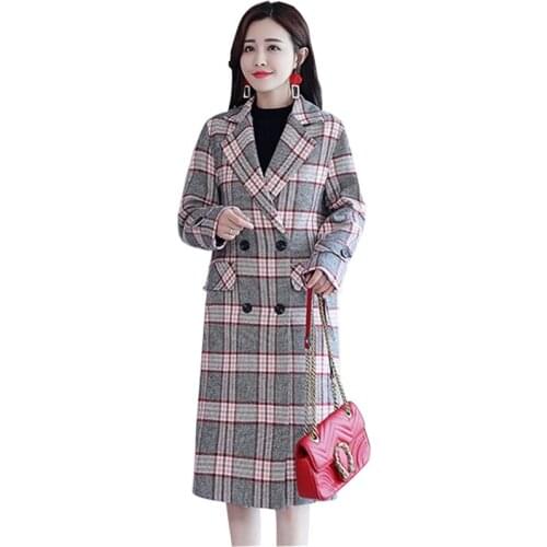 Fashion Plaid Woolen coat Women 2019 Spring Autumn Long sleeve Slim Long Windbreaker Female Double-breasted Wool Jackets A2898