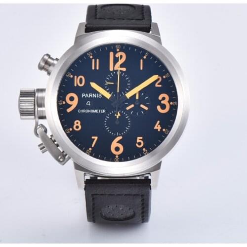 Parnis 50mm Watch Men Sterile Dial Leather Strap Luminous Sport Calendar Silver Japan Chronograph Quartz Movement Wristwatch Men