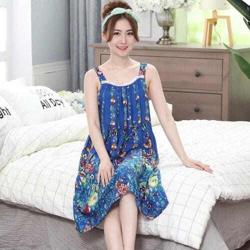 New 2020 Womens Nightdress Summer Sleeveless Sling Flowers Dress Man-made Cotton Silk Nightdress Lady Girl Fashion Home Service