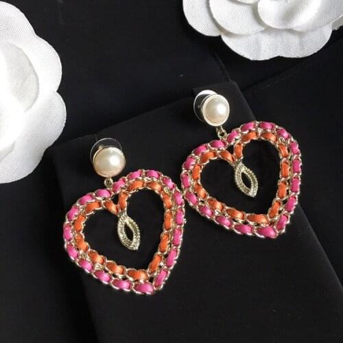 New pearl heart - shaped red leather belt earrings fashion temperament ear studs 925 silver needles