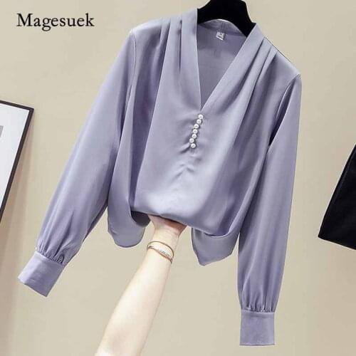 V-Neck Solid Women Blouse Autumn 2020 Office Long Sleeve Chiffon Shirts for Women Beading Pullovers Ladies Tops Blusas 11157