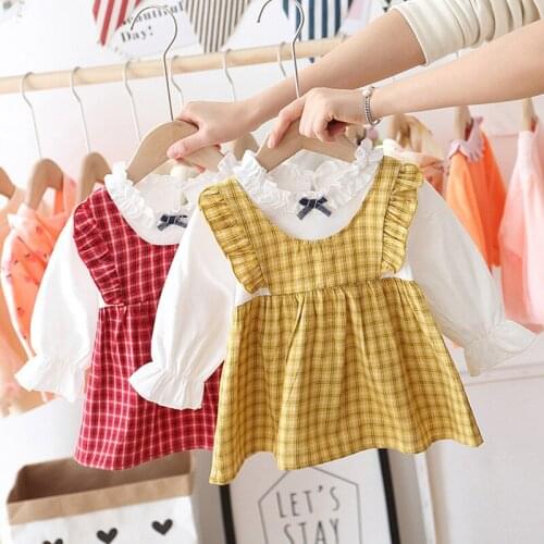 Girls dress 2020 new spring lace collar skirt spring summer childrens princess skirt baby plaid fake two-piece skirt (1-3 T)